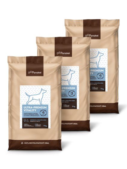 27kg výhodný balíček krmiva Panakei (3x9kg) Ultra-Premium Vitality (Hovädzie + Králik) pre dospelé psy stredných plemien.