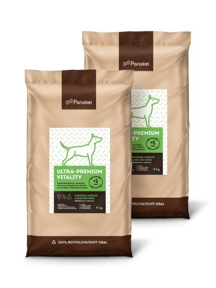 Výhodné balenie dvoch 9 kg vriec granúl Panakei Ultra-Premium Vitality s hovädzím, kačacím a králičím mäsom, ideálne pre dospelé psy stredných a veľkých plemien od 1 roka
