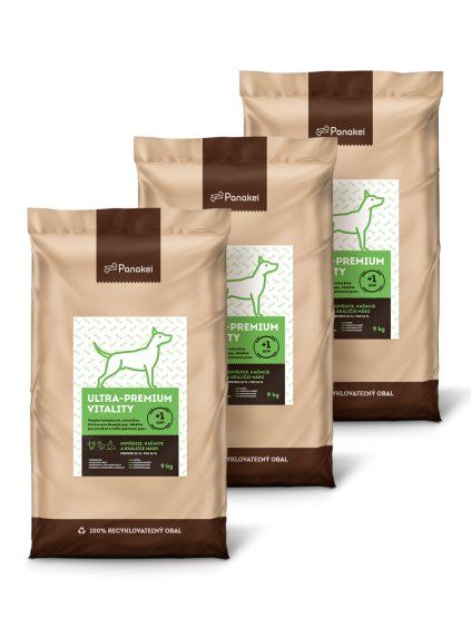 Výhodné 27kg balenie troch 9 kg vriec granúl Panakei Ultra-Premium Vitality s hovädzím, kačacím a králičím mäsom pre stredných a veľkých psov.