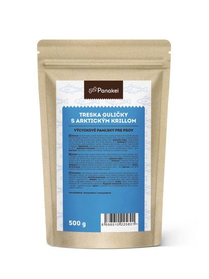 Výcvikové maškrty Panakei pre psy v 500g obale s príchuťou arktického krillu a tresky.