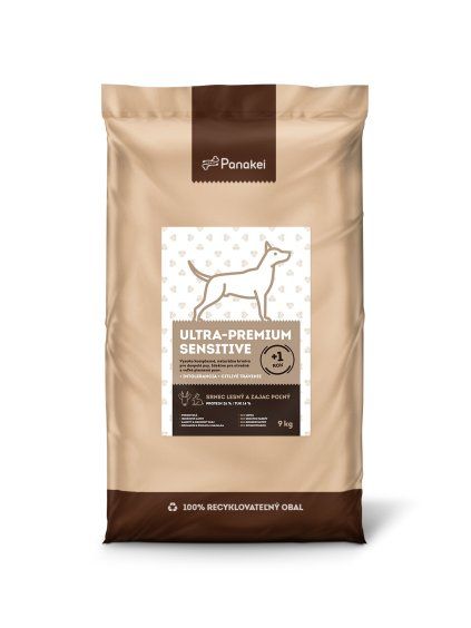 Balenie 9 kg granúl Panakei Ultra-Premium Sensitive so srnčím a zajačím mäsom, špeciálne navrhnuté pre dospelé psy so sklonom k intoleranciám a citlivým trávením.