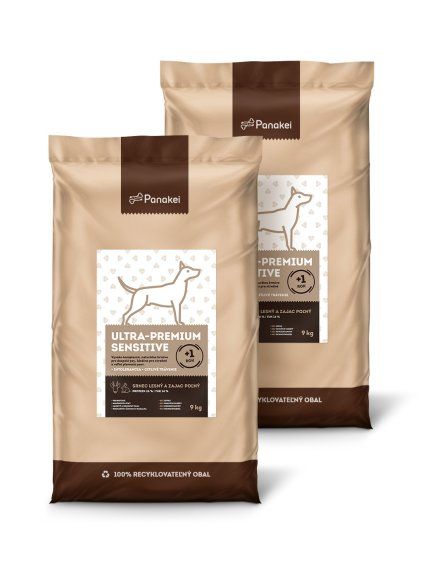 Výhodné balenie 18 kg (2x9 kg) granúl Panakei Ultra-Premium Sensitive so srnčím a zajačím mäsom, ideálne pre dospelé psy stredných a veľkých plemien s citlivým trávením.