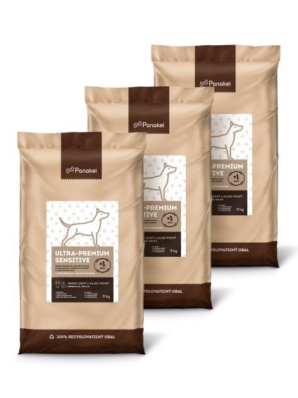Cenovo výhodné trojbalenie 27 kg (3x9 kg) granúl Panakei Ultra-Premium Sensitive so srnčím a zajačím mäsom, ideálne pre dospelé psy stredných a veľkých plemien s citlivým trávením.