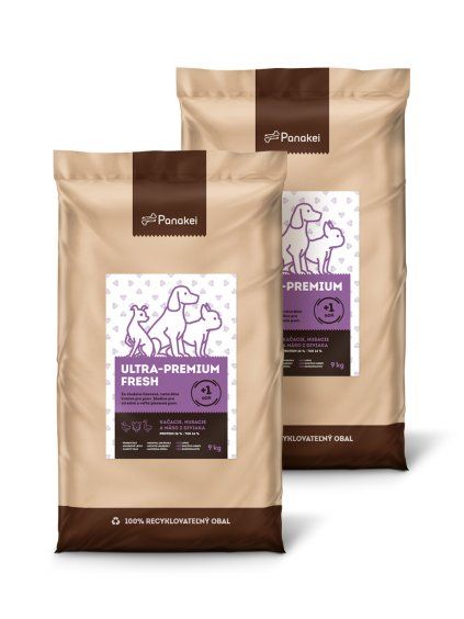 Výhodné 18kg balenie (2x9kg) za studena lisovaných granúl Panakei Ultra-Premium Fresh s kačacím, husacím a mäsom z diviaka, ideálne pre dospelé stredné a veľké plemená psov od 1 roka