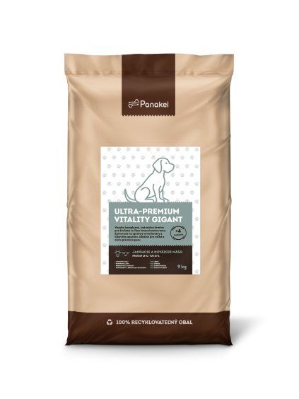 9 kg vrece granúl Panakei Ultra-Premium Vitality Gigant s jahňacím a hovädzím mäsom, určené pre šteňatá veľkých a obrích plemien vo fáze intenzívneho rastu.