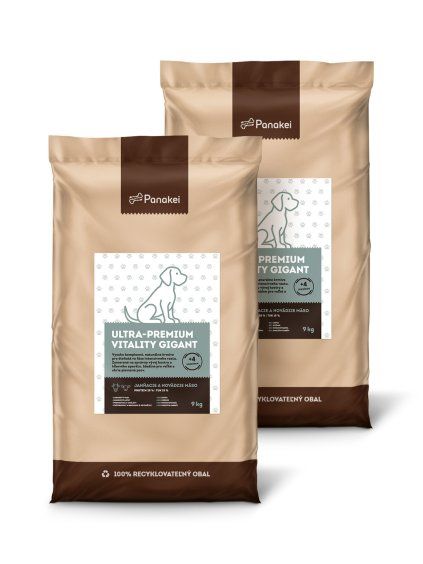 Výhodné dvojbalenie 18 kg (2x9 kg) granúl Panakei Ultra-Premium Vitality Gigant s jahňacím a hovädzím mäsom pre šteňatá veľkých a obrích plemien vo fáze intenzívneho rastu.