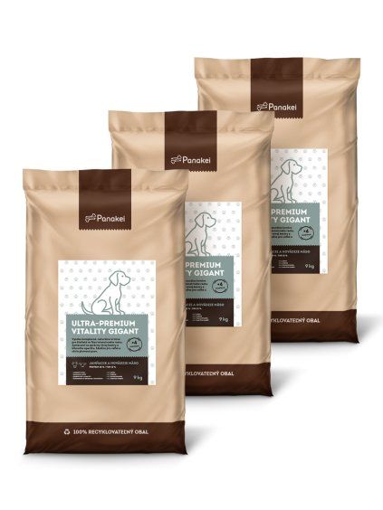 Výhodné trojbalenie 27 kg (3x9 kg) granúl Panakei Ultra-Premium Vitality Gigant s jahňacím a hovädzím mäsom pre šteňatá veľkých a obrích plemien vo fáze intenzívneho rastu.
