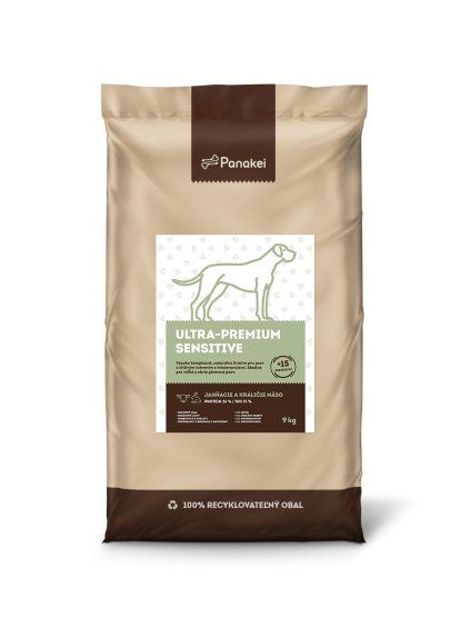 Packshot SENSITIVE Panakei Ultra-Premium Sensitive Jahňacie + Králik 9 kg: Hypoalergénne prírodné granule pre dospelých psov veľkých plemien.