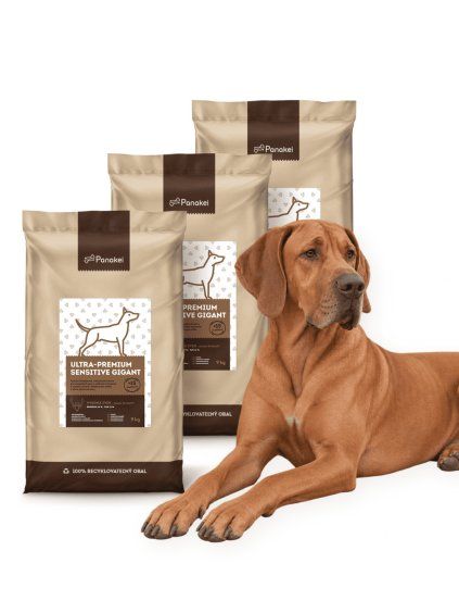 Výhodné trojbalenie 27 kg (3x9 kg) granúl Panakei Ultra-Premium Sensitive Gigant s danielom škvrnitým, navrhnuté pre obrie plemená psov.