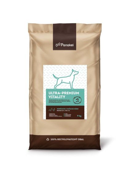 Kvalitné suché krmivo Panakei (Morka + Kačka, 9 kg) pre dospelé psy so strednou aktivitou v 100% recyklovateľnom obale.