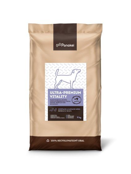 Kvalitné suché krmivo Panakei (Morka + Kačka, 9 kg) pre dospelých psov so strednou aktivitou v 100% recyklovateľnom obale.