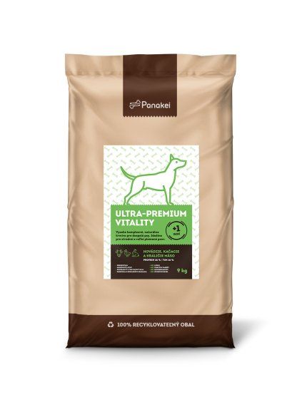 9 kg balenie granúl Panakei Ultra-Premium Vitality s hovädzím, kačacím a králičím mäsom, určené pre dospelé psy stredných a veľkých plemien od 1 roka