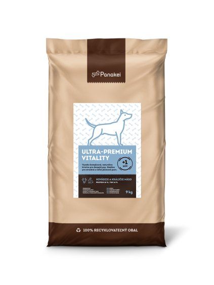 9 kg balenie naturálneho krmiva Panakei Ultra-Premium Vitality (hovädzie, králičie mäso) bez lepku a konzervantov.